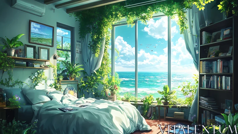 Sunlit bedroom quietly drifts between jungle retreat and sea