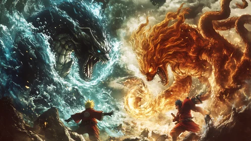 Elemental titans clash above two warriors amid storming abyss