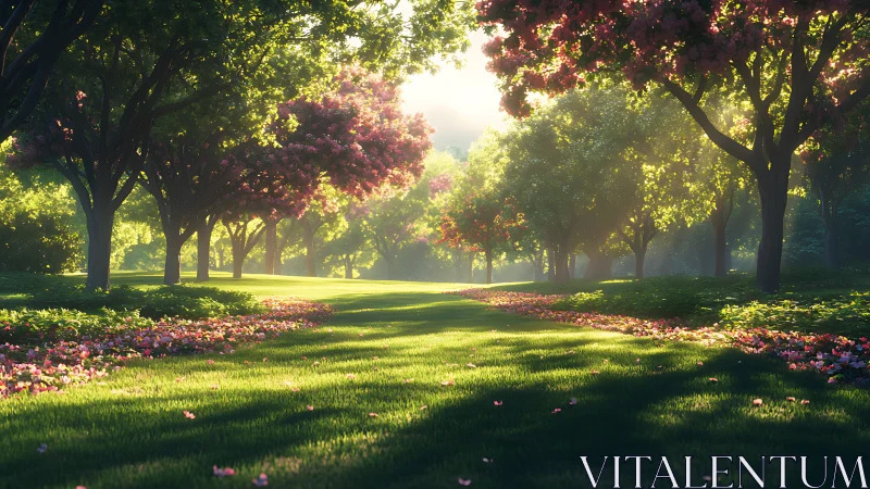 Sunlit blossom grove frames lush green garden path.