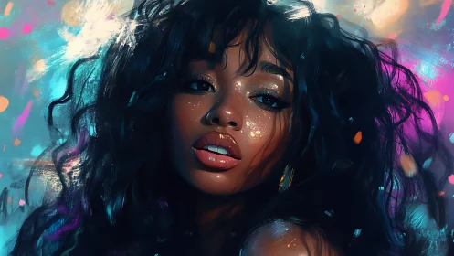 Digital portrait with neon-scattered bokeh and glossy specular skin rendering.