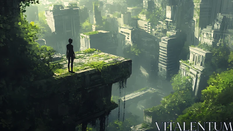 Lost wanderer gazes over a lush, overgrown future cityscape
