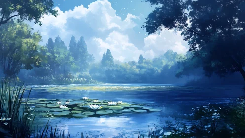 Lily-lit forest lake dreaming beneath drifting summer clouds.