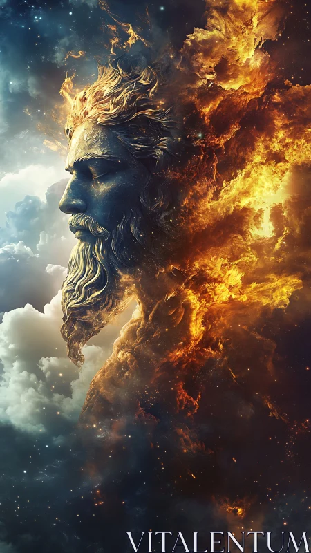 Fiery celestial titan gazes calmly through storm and starlight