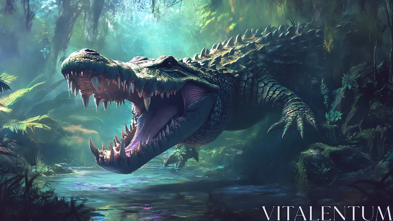 Giant crocodile lunges from misty jungle river water.