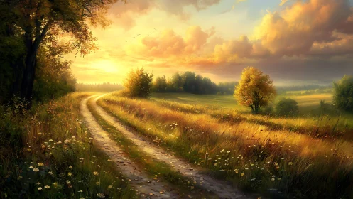 Country dirt road at sunset across golden summer fields.