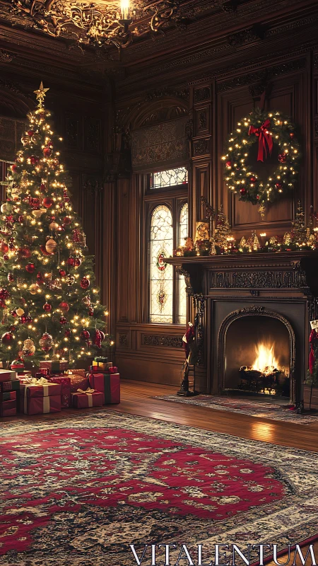 Velvet-parlor Christmas glow with fireside story hush.