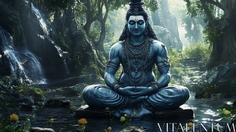 Divine blue deity meditates serenely beside forest waterfall.