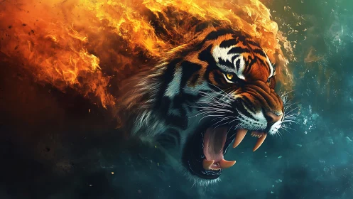 Tiger head roars while engulfed in stylized digital flames.