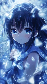 Blue haired anime girl in glowing snowflake light portrait