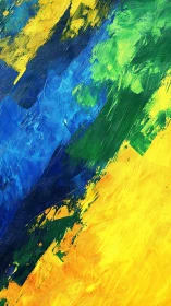 Bold abstract brushstrokes in blue, green, and yellow palette.