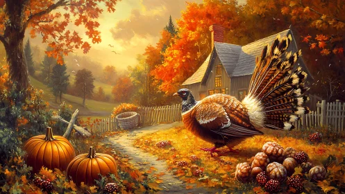 Autumn pheasant parades past pumpkins in storybook glow.