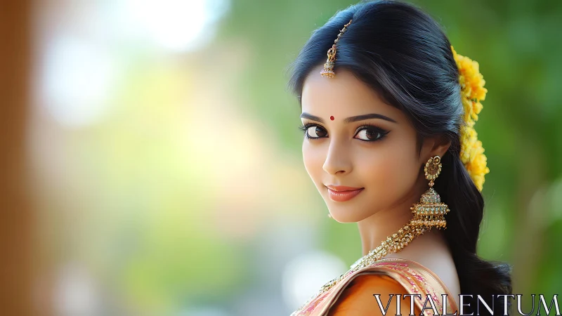 Woman in traditional attire looks back with soft daylight