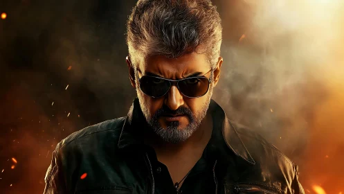 Smoldering antihero strides from embers in molten dusk.