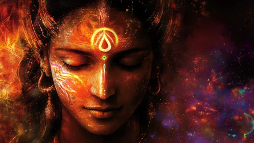 Serene cosmic goddess aglow in warm sacred starlight.