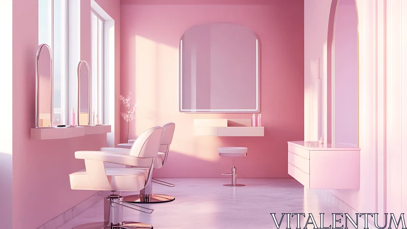 Monochrome pink salon interior with symmetrical ergonomic fixtures.