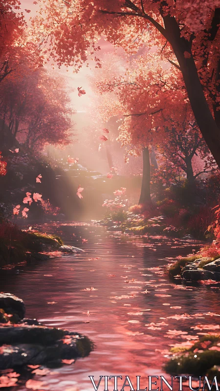 Crimson river drifts through a daydream of falling petals