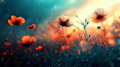 Field of cosmos flowers with warm backlighting and bokeh effect.