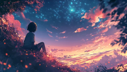 Teen sits on hillside watching glowing sunset sky and stars.
