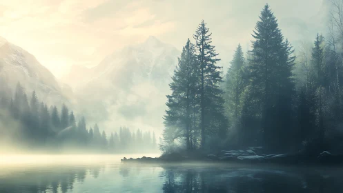 Misty mountain lake morning wrapped in quiet evergreen calm.
