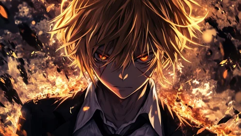 Blond anime male with burning eyes amid abstract flames.
