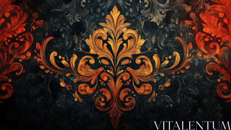Ornamental gold and red baroque flourishes on dark ground.
