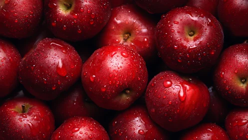 Ruby red apples glisten with fresh water droplets in closeup