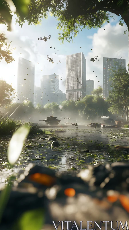 Futuristic armored convoy advances through flooded city park