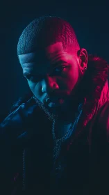 Male subject in duotone portrait with jacket and chains.