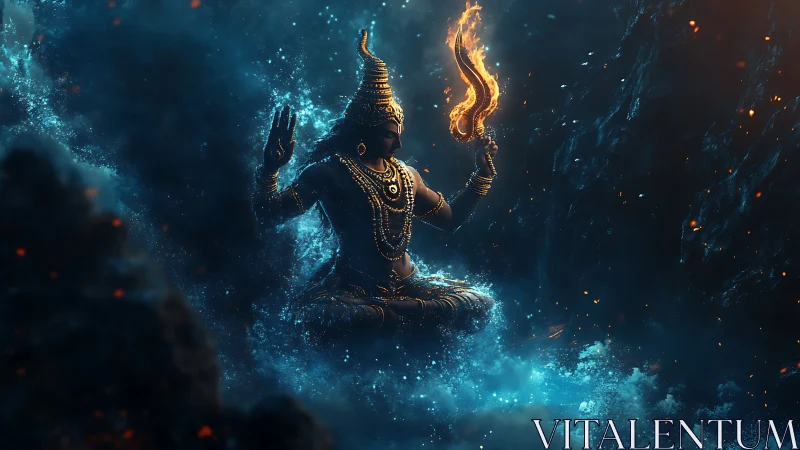 Mythic deity rendered in volumetric ocean mist with emissive fire