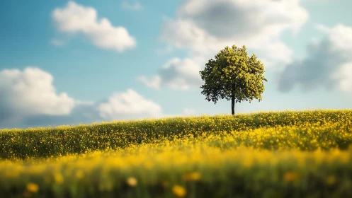Sunny hillside tree standing peacefully above yellow blooms.