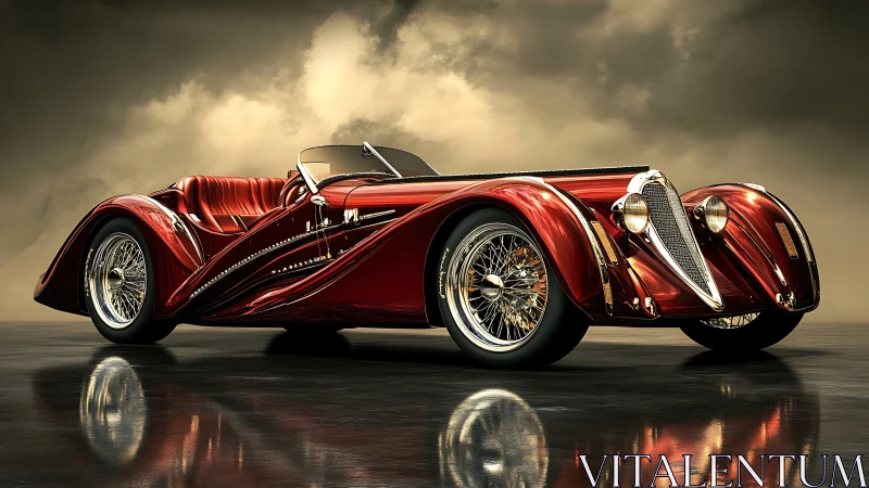 Streamlined crimson roadster under dramatic moody sky.
