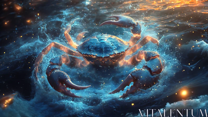 Mythic ocean crab rising through glowing storm surf.