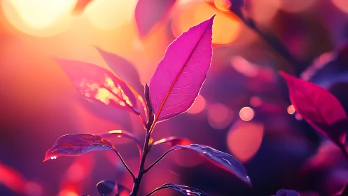 Magenta leaf glows against sunset bokeh background.