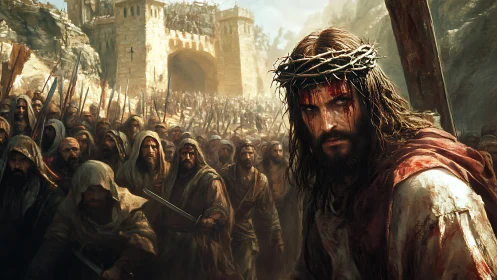 Christ carries the cross through a hostile, crowded city street.