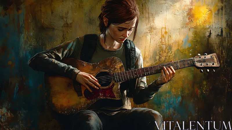 Teen guitarist studies worn acoustic against textured wall