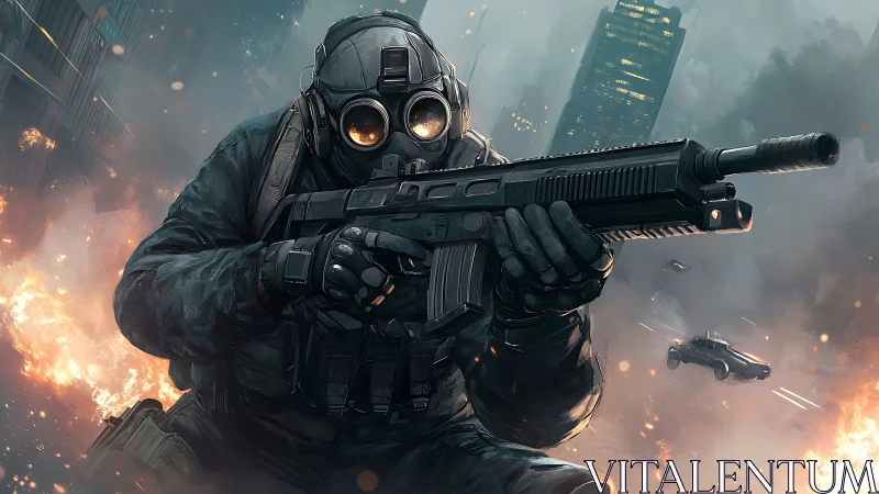 Spec Ops sniper advances through burning urban warzone.