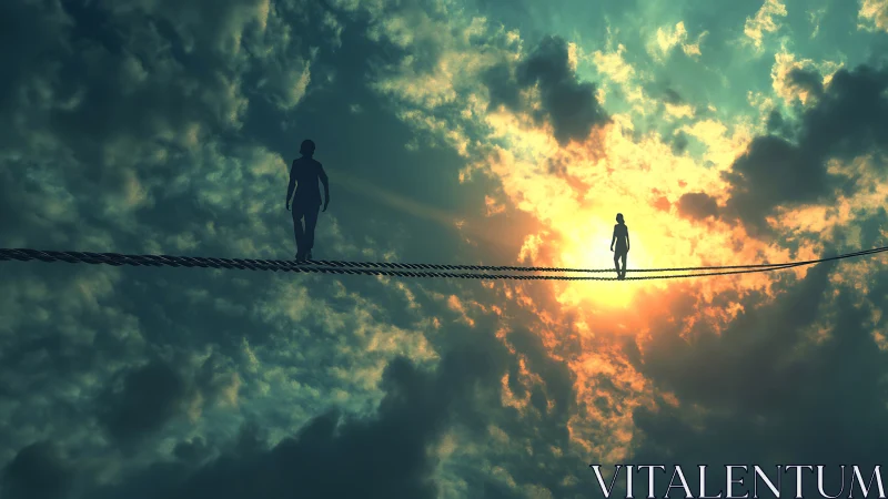 Two quiet silhouettes walk a high rope across a glowing sky