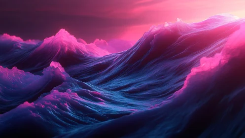 Neon-lit ocean waves roll under intense magenta sky