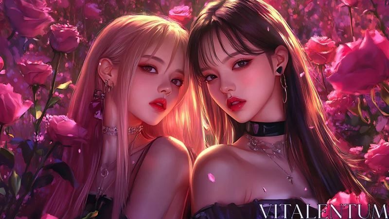 Two stylized young women pose closely amid dense pink roses