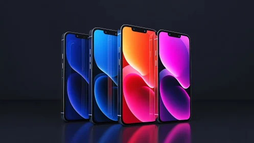 Smartphones Arranged in Cascading Display with Neon Gradient Wallpapers.
