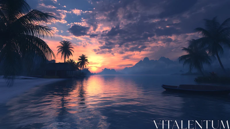 Tropical lagoon sunset with palms, clouds, and mountains.