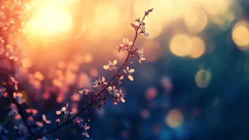 Close-up twig of pink blossoms against glowing sunset bokeh
