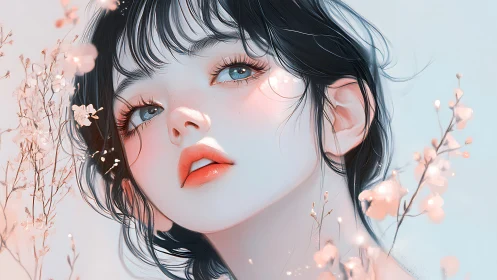 Soft spring gaze among pastel blossoms and quiet light.