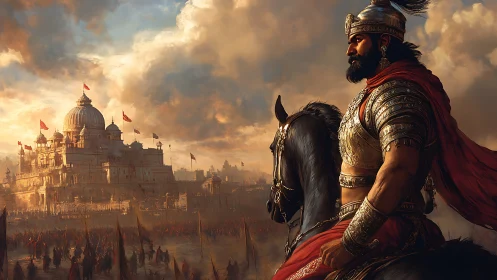 Armored warrior on horseback overlooks fortified palace city