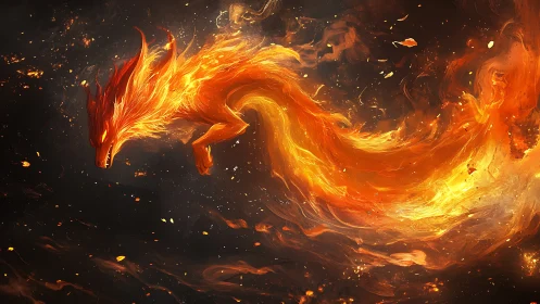 Fiery fox-shaped entity moves through dark space
