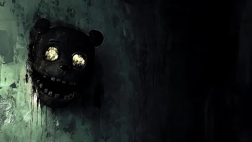Decayed animatronic bear mask on corroded concrete wall.