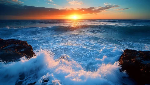 Photorealistic seascape sunrise with dynamic wave impact framing.