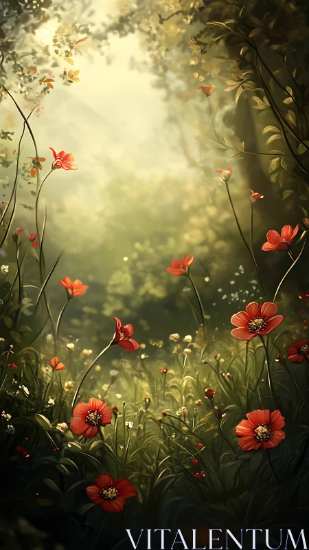 Sunlit Wildflower Waltz in a Whispering Forest Clearing.