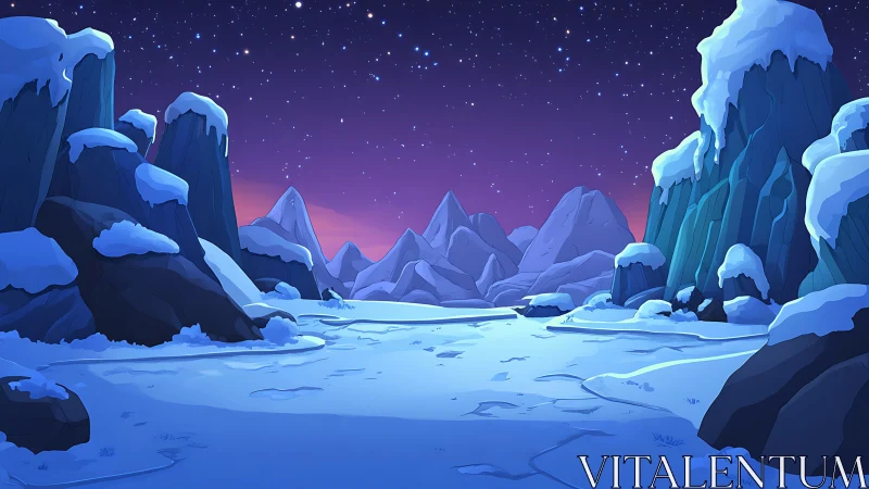 Snow-covered rocky valley under clear starry night sky.