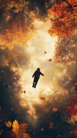 Child drifting skyward through glowing autumn canopy.
